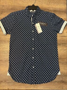 Men’s Navy Short Sleeve Button-Down with White Geo Print by Britches